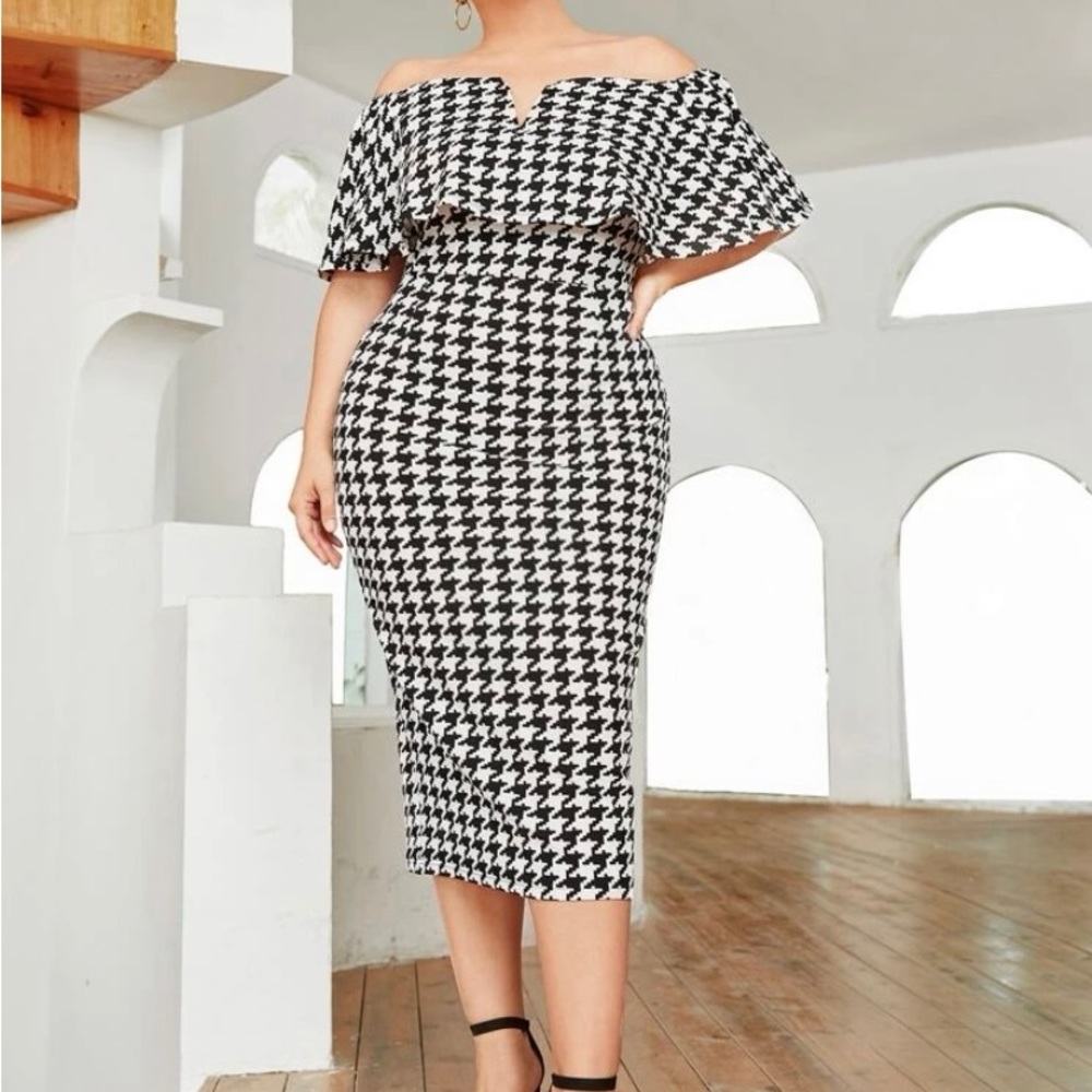 Mid length Houndstooth off the shoulder dress by SHEIN